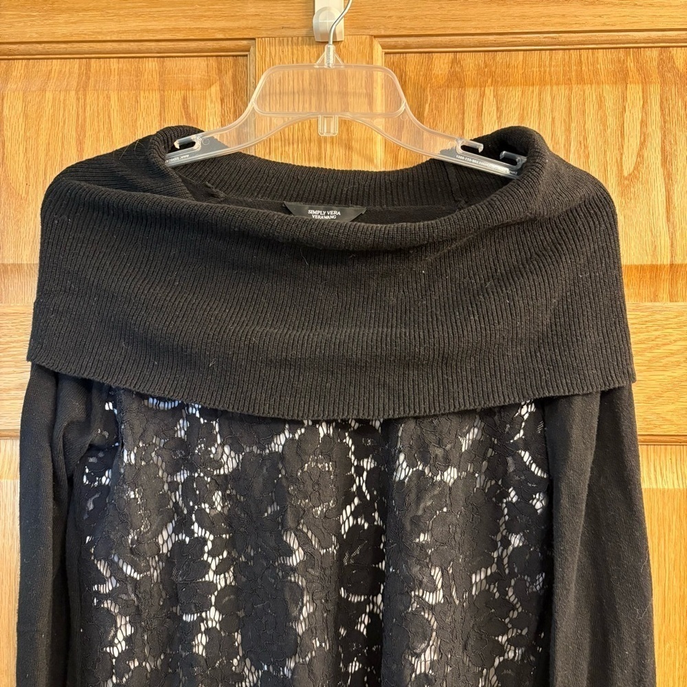 Simply Vera Wang Mock Layer Lace Cowl Neck Women’s Size XS Extra Small Black - Picture 2 of 5